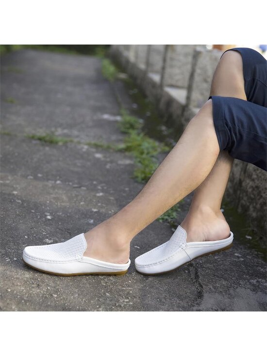 Fashion Men\'s White Hollow Leather Loafer Round Toe Flat Slip On Casual Slippers main image 4